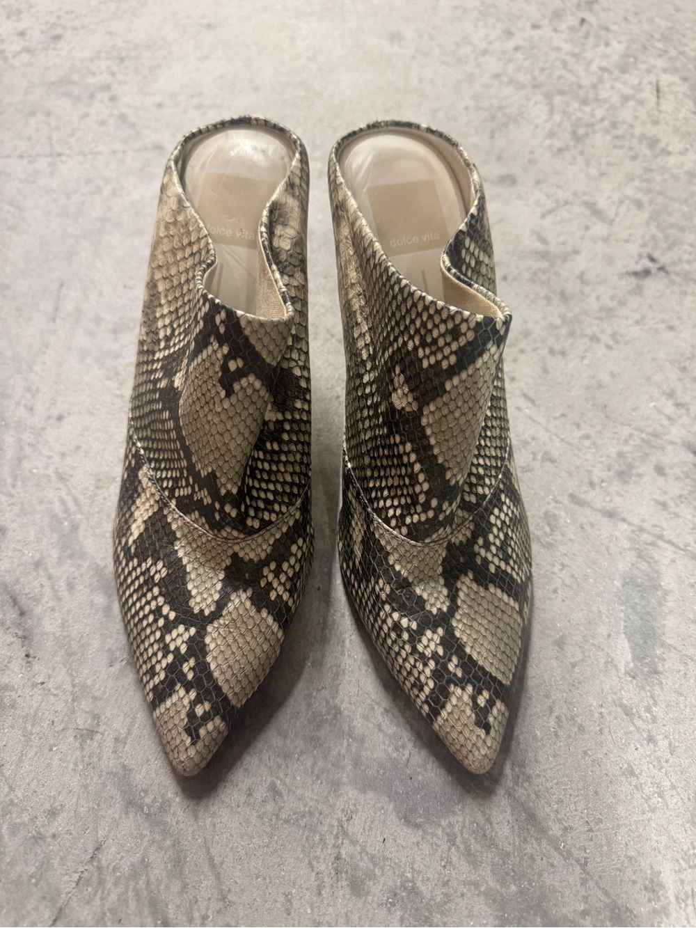 Dolce Vita Snake-Print Pointed Mules in Taupe & Black